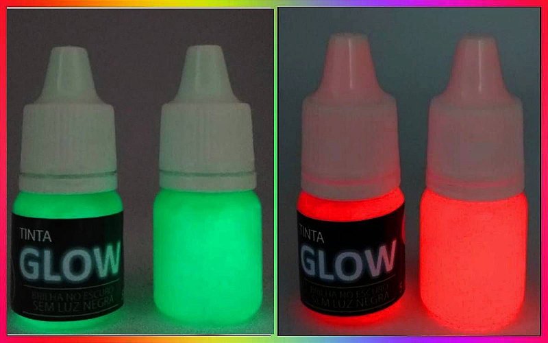 Kit Tinta Fotoluminescente Brilha no Escuro sem Luz Negra - Profissional Corion Led Cell 5ml c/ aplicador 2 cores: Verde Neon  + Vermelho Neon