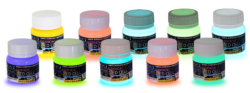 Kit 10 Potes 50ml Tinta Glow Corion Fosforescente luminescente Brilha no Escuro - Desconto e Frete Gratis