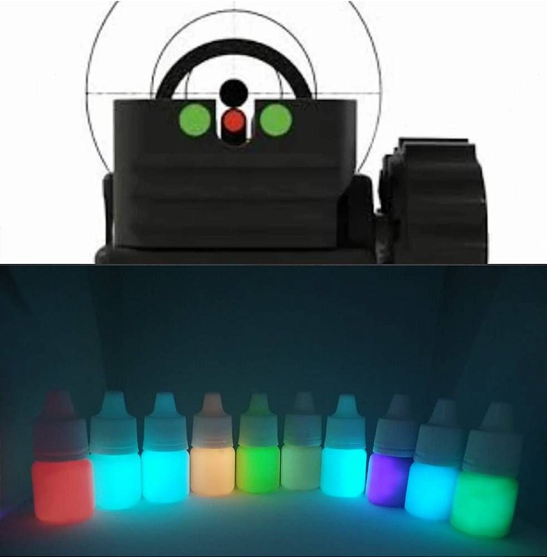 Kit 2 Cores + Primer + Verniz. Tinta Glow Corion 5ml. Com Bico Aplicador p/ Alça e Maça de Mira - Tinta Glow Fosforescente UV