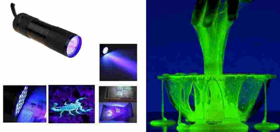 Faz Slime feito com Corion Brilhar!! Lanterna Corion UV 9 Leds Ultra Violeta UV 9 Leds, em Aluminio Preto.