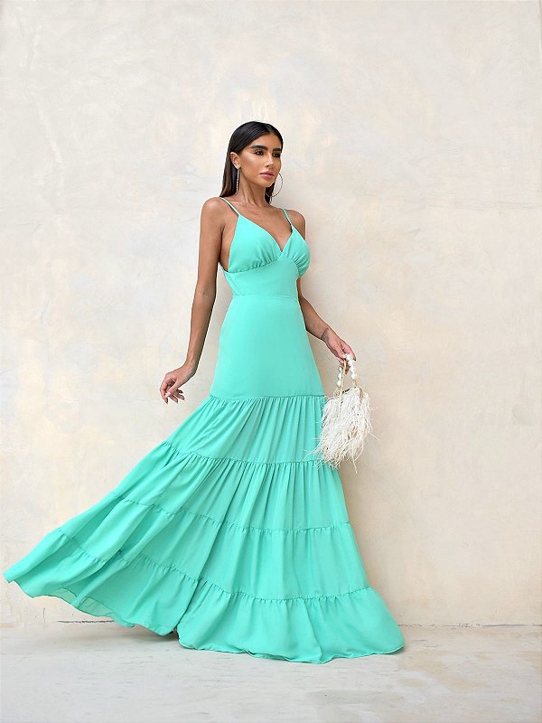 Vestido longo com decote nas costas e mini botões Verde água