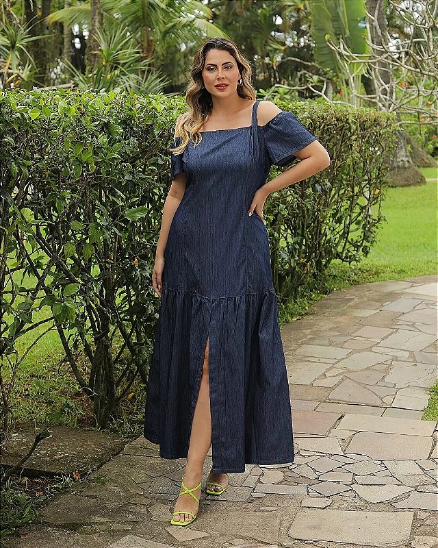 Vestido jeans midi elegante plus size veste manequim do 46 ao 50