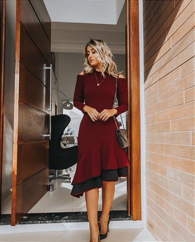 Vestido manga longa babados - Marsala - Madame Ninna - loja online de  confeccções femininas