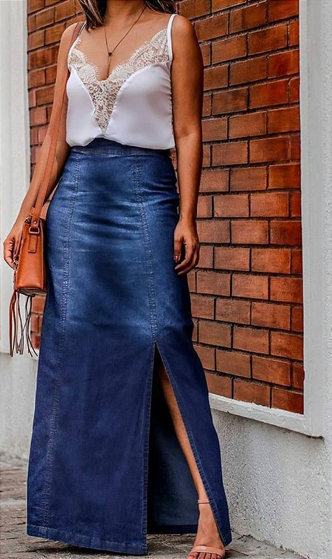 Saia jeans longa com fenda - Madame Ninna - Madame Ninna - loja online ...