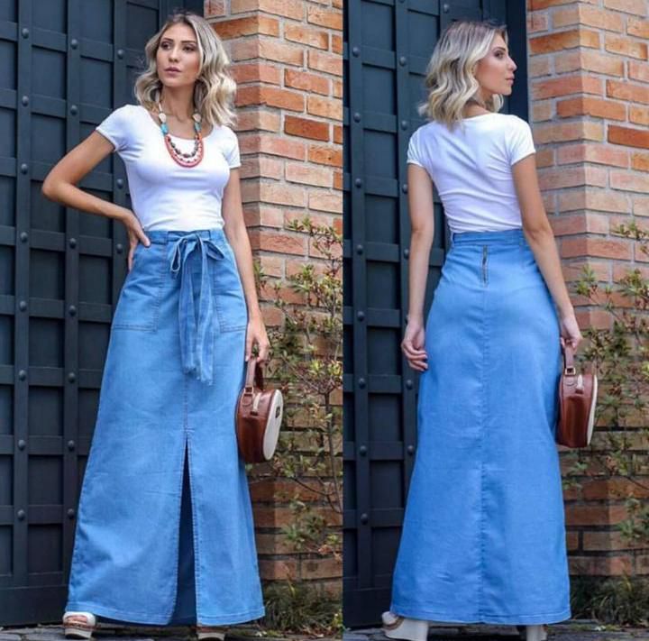 Saia jeans longa em lavagem clara com faixa na cintura - Madame Ninna -  loja online de confeccções femininas