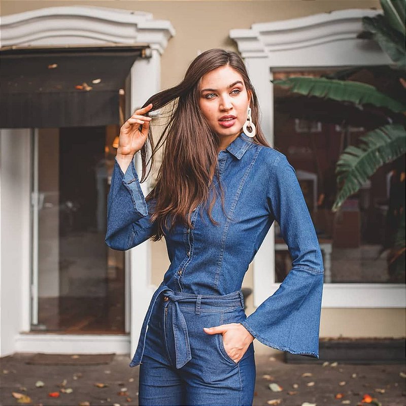 Camisa jeans manga flare - Madame Ninna - loja online de roupas