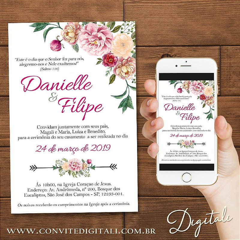 Convite Casamento Rosa Florido - Arte Digital​ é na Digitali! - Digitali  Convites e Kits Digitais