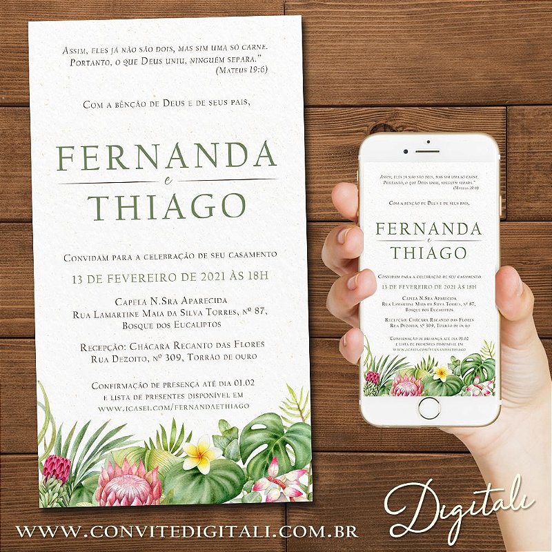 Convite de Casamento Floral Digital! Frete Grátis