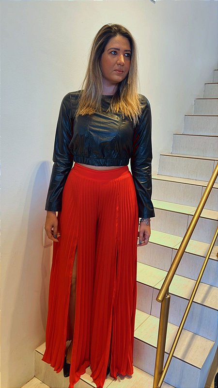 Calça Pantalona Plissada Fendas Vermelha