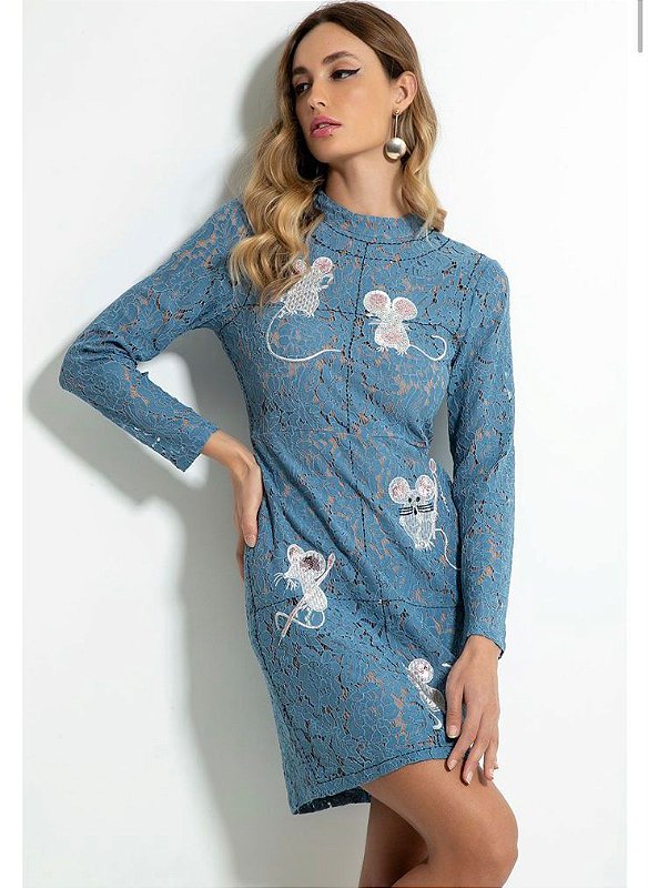 Vestido Curto Renda Manga Longa