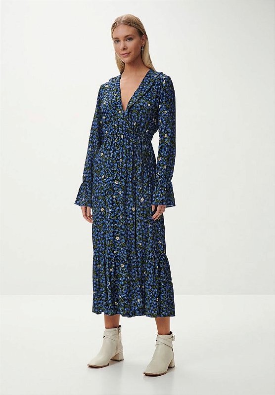 Vestido Manga Longa Estampado Azul