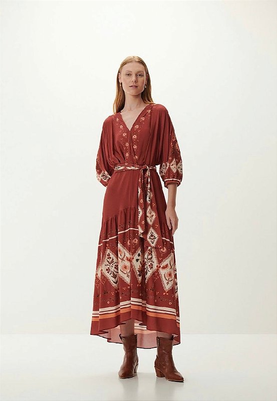 Vestido Manga 3/4 Estampado Terra Cota