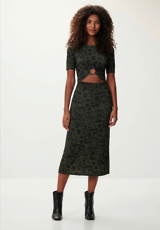 Vestido Midi Estampado com Cut e Detalhe Argola Verde