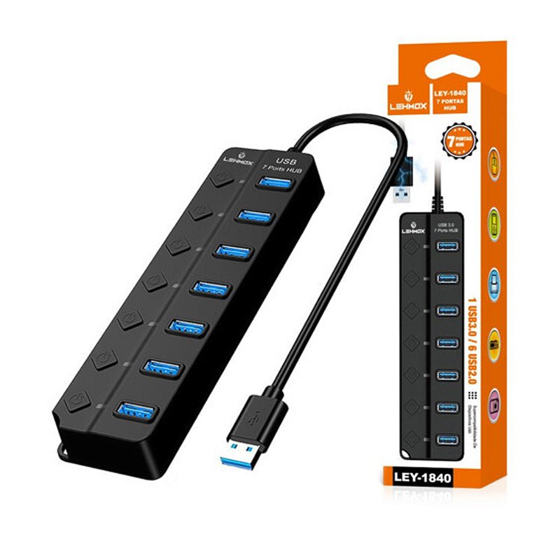 HUB USB Lehmox LEY-1840 7 Portas 3.0 / 2.0 Preto - Casa Sertaneja