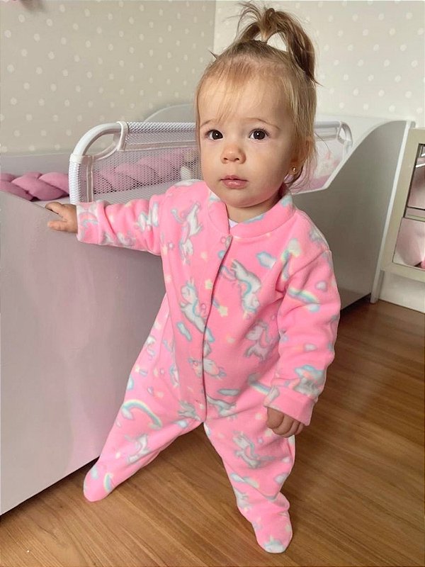 Macacão Soft Bebê Menina Rosa Neon Unicórnio Roupa de Bebê do