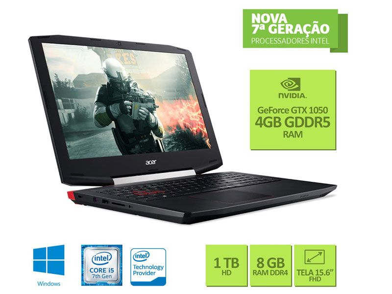 NOTEBOOK INTEL COM TECLADO NUMERICO ACER NXGN5AL002 VX5-591G-54PG CORE I5  7300HQ KABYLAKE 8GB 1TB WIN10 FULL HD USB HDMI PRETO GAMER COM