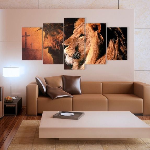 Conjunto 5 Quadros Leão Juda Religioso Jesus Sala Quarto