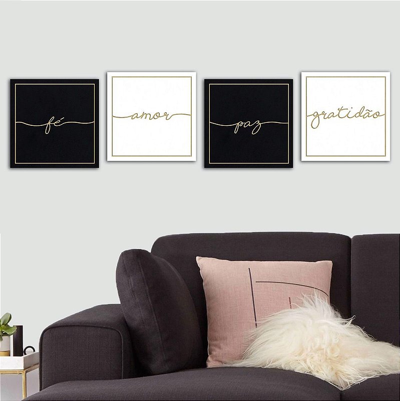 Kit 4 Quadros Decorativos Amor Fé Paz Gratidão Preto E Branco