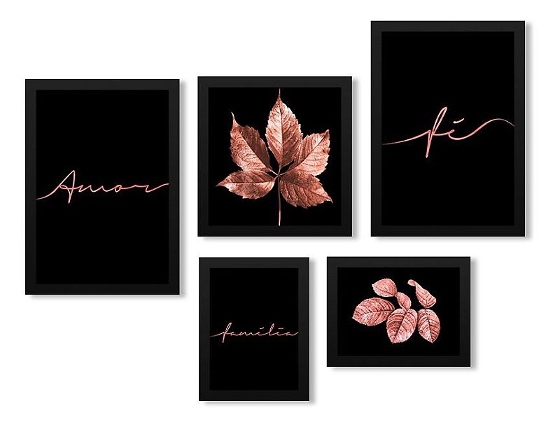 Kit 5 Quadros Frases Folhagem Rosê Moldura Preta com Vidro
