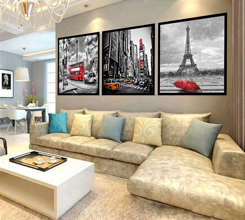 Quadro Mosaico Decorativo Paris, Londres, New York 180x60
