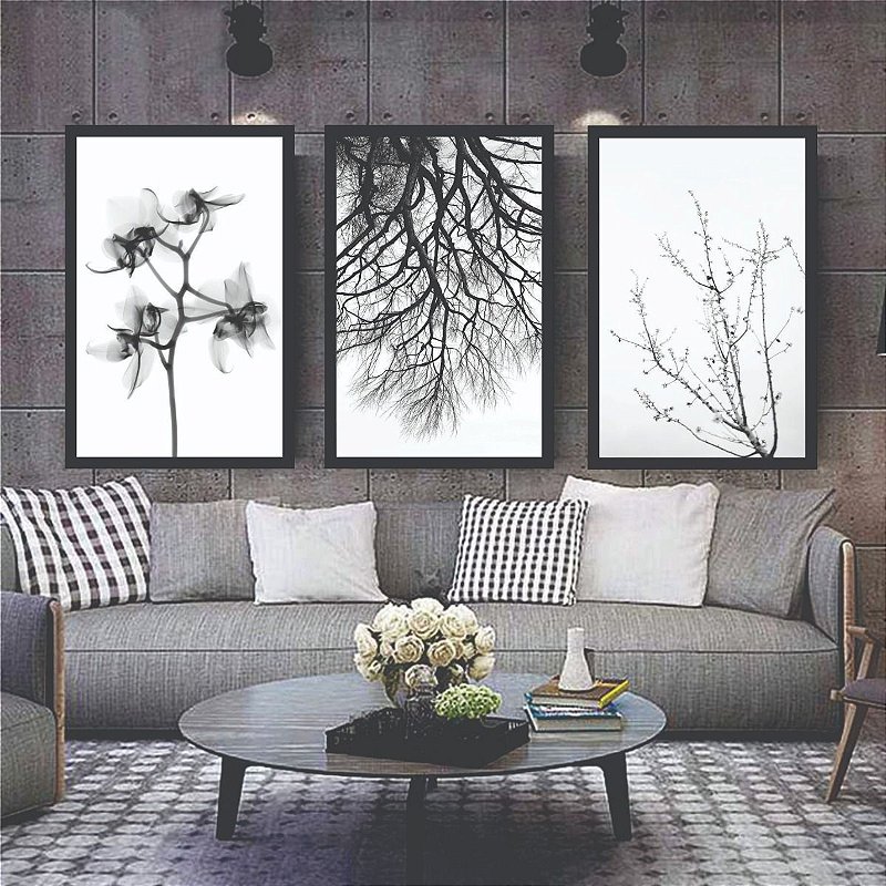 Quadro Decorativo Árvore Flores Preto E Branco Minimalista