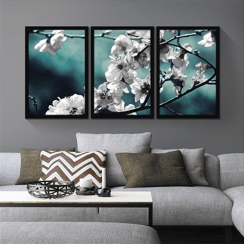 Quadro Decorativo Moldura  Sala Jogo 3 Peças Ramos Flor