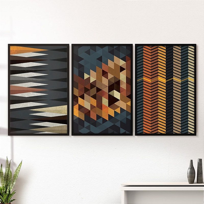 Quadro Decorativo Moldura Jogo Sala Quarto Triângulos Marrom