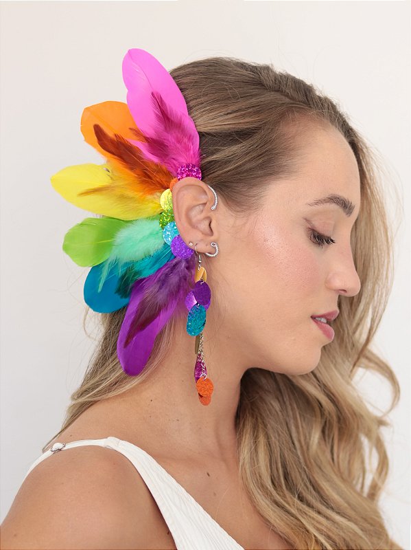 Ear Cuff Neon Colorido de penas naturais, feito à mão pela G. Offer®