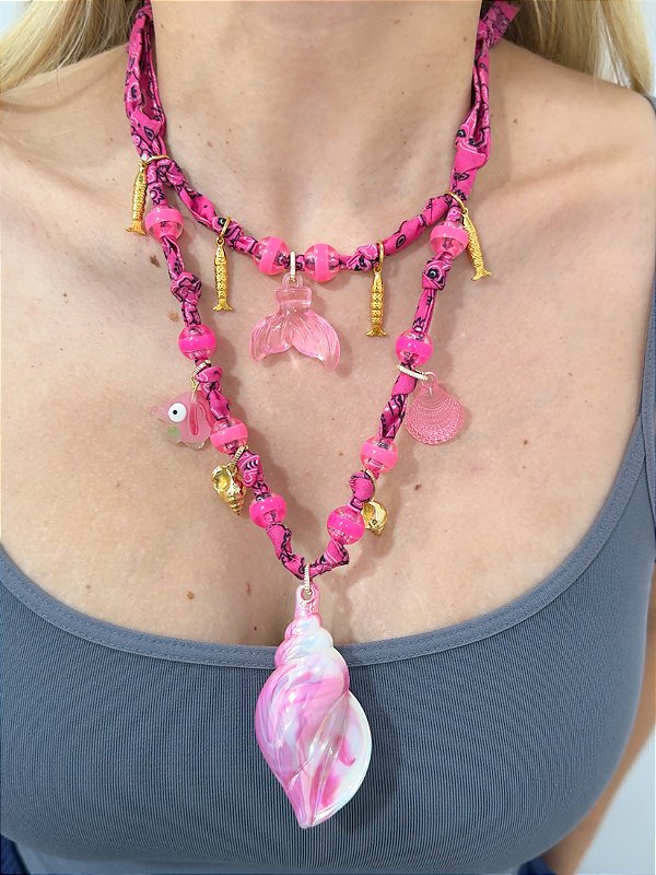 Colar Duplo Bandana Caramujo Rosa Marble