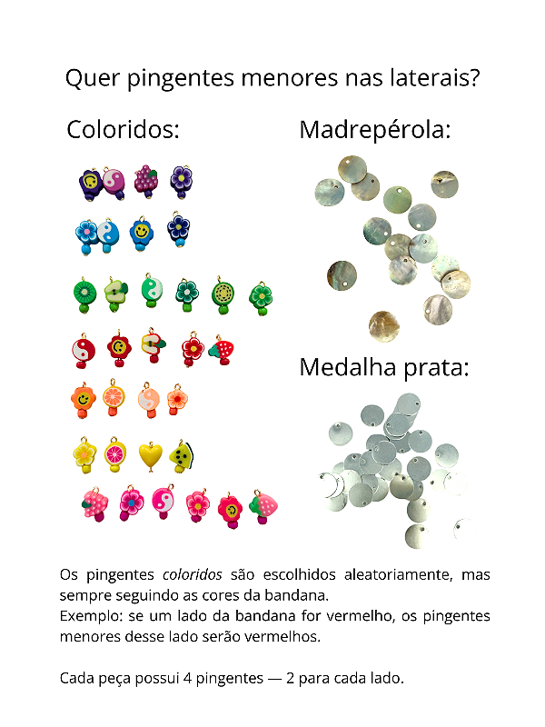 Pingentes laterais do Choker Bandana Bar prata: coloridos, madrepérola ou medalha prata
