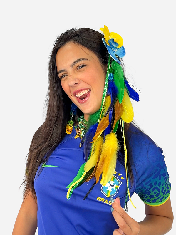 Presilha bico de pato de Carnaval com penas verde e amarelo Energia do Brasil