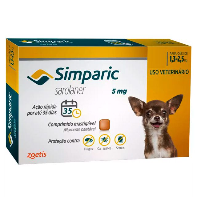Antipulgas Simparic 5 mg para cães 1,3 a 2,5 kg - Zoetis
