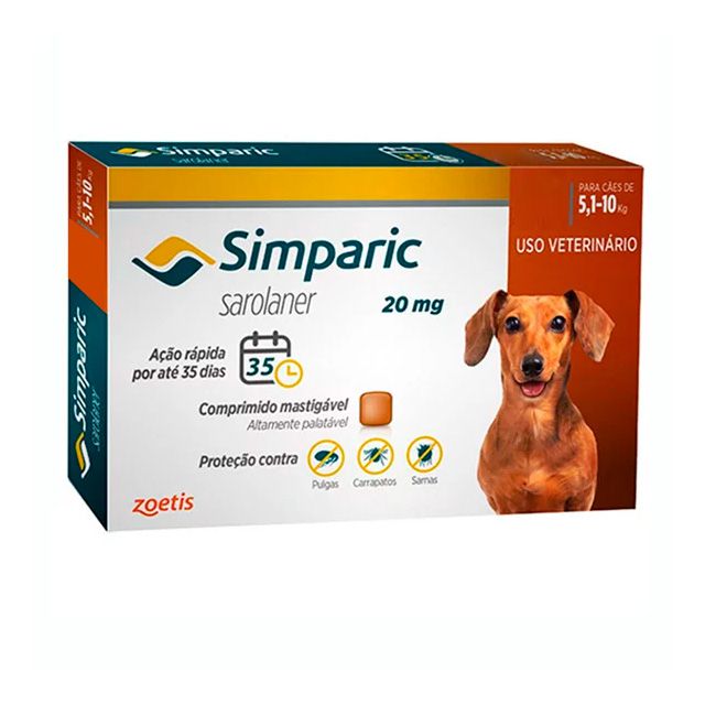 Antipulgas Simparic 20 mg para cães 5,1 a 10 kg - Zoetis