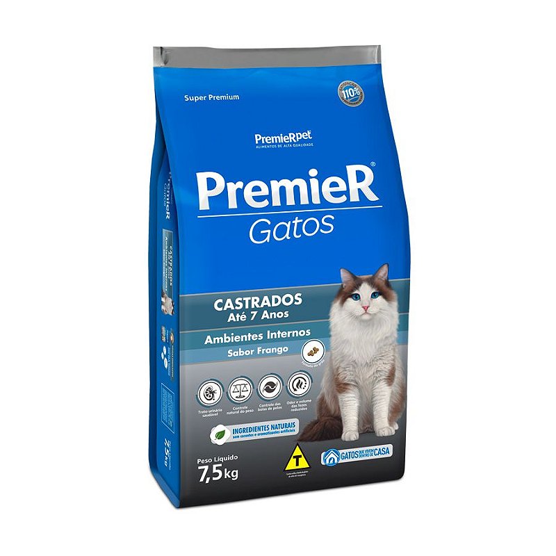 Ração Premier Ambientes Internos para Gatos Adultos Castrados até 7 Anos Sabor Frango
