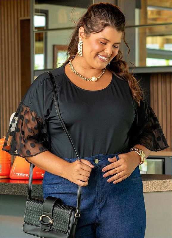 Blusa Feminina Plus Size Malha Fria com Elastano e Renda Luxo