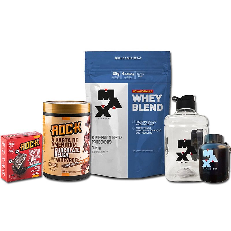 Kit Whey Blend 1,8kg + Pasta Rock 1kg + Cracker 55g + Garrafa Max + Porta Whey