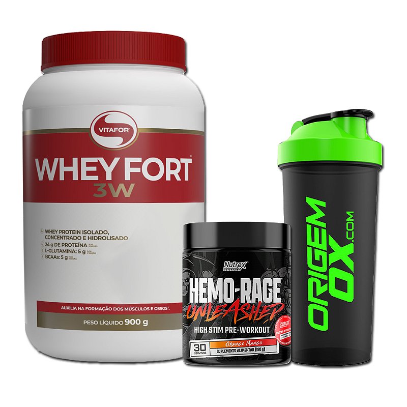 Combo - Whey Fort 900g + Hemo Rage 180g + Coqueteleira Origem Ox