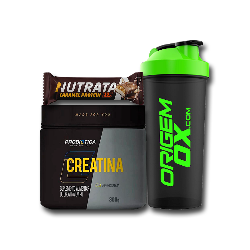 Kit Creatina 300g - Probiótica - Pote + Barra 45g - Nutrata + Coqueteleira 600ml - Origem Ox