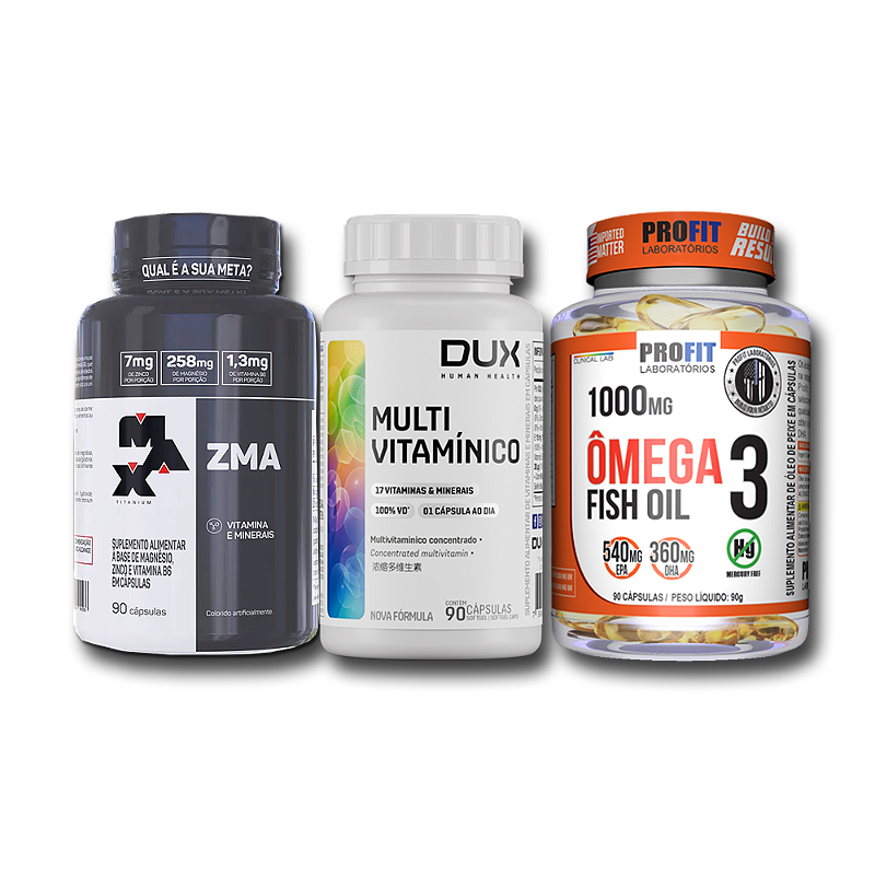 Kit ZMA 90caps - Max Titanium + Ômega 3 1000mg 90caps - Profit + Multivitamínico 90caps - Dux