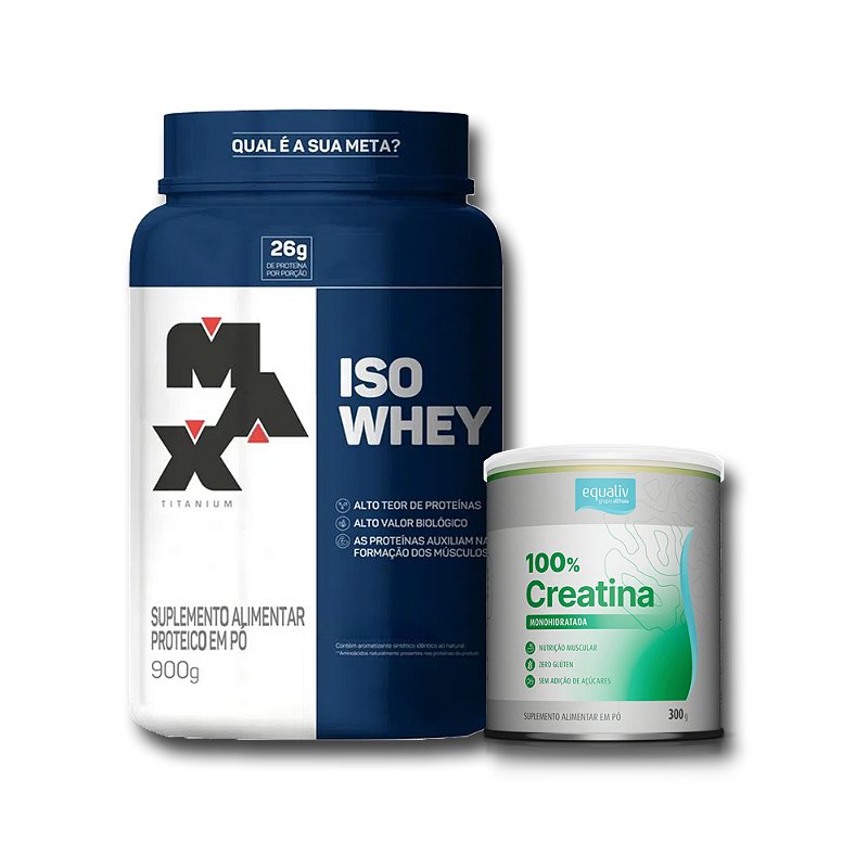 COMBO Iso Whey 900g - Pote - Max Titanium + Creatina 300g - Equaliv - Morango