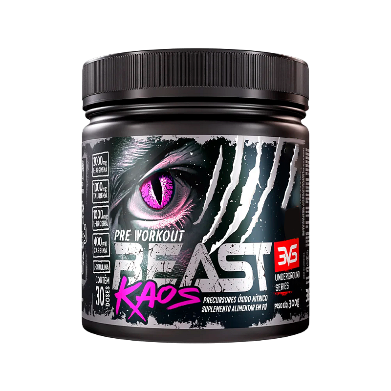PRÉ TREINO BEAST KAOS 300g Extra Forte Citrulina, Beta Alanina, Cafeína, Arginina, Taurina Tirosina
