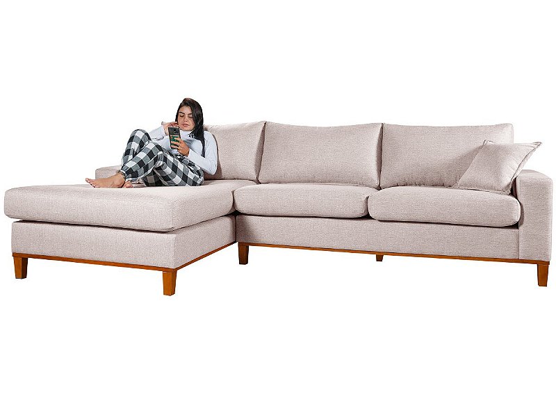 Sofá 4 Lugares Living Califórnia Zargo Com Chaise Esquerdo em Linho Champagne