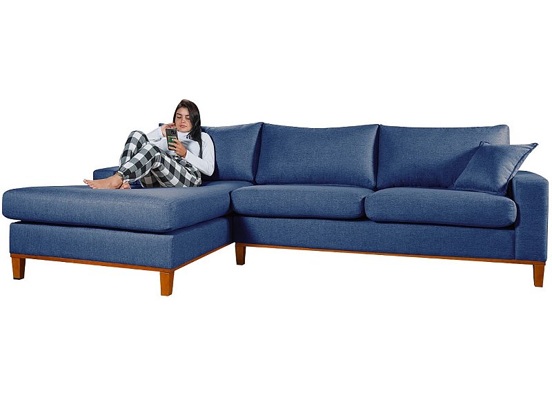 Sofá 4 Lugares Living Califórnia Zargo Chaise Esquerdo em Linho Azul Com 6 Almofadas