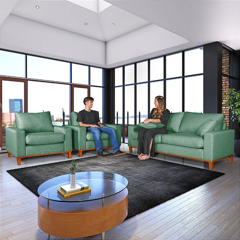 【IDEE】AO SOFA (2) Green Conjunto Sofá 3 Lugares Com 2 Poltronas em Linho Verde - Zargo