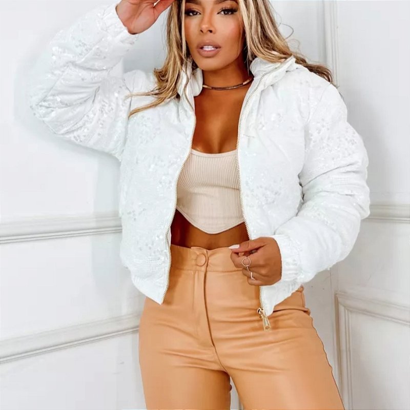 Jaqueta Puffer Paetê Branco