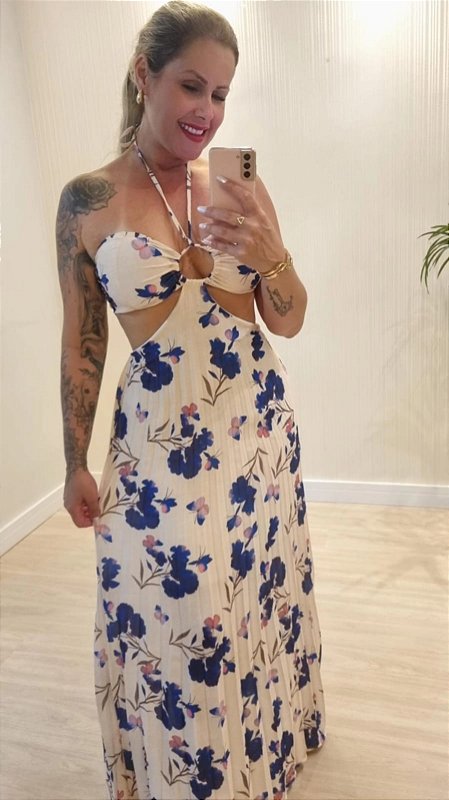Vestido Longo Estampado Amélia Off/ Azul escuro