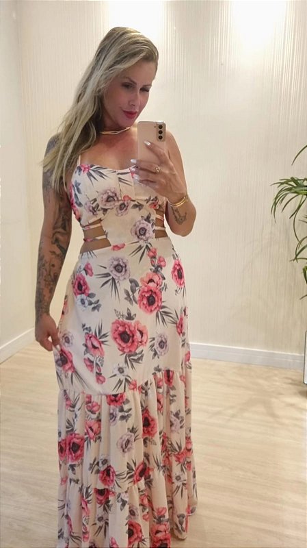 Vestido Longo Estampado Esther Rosa