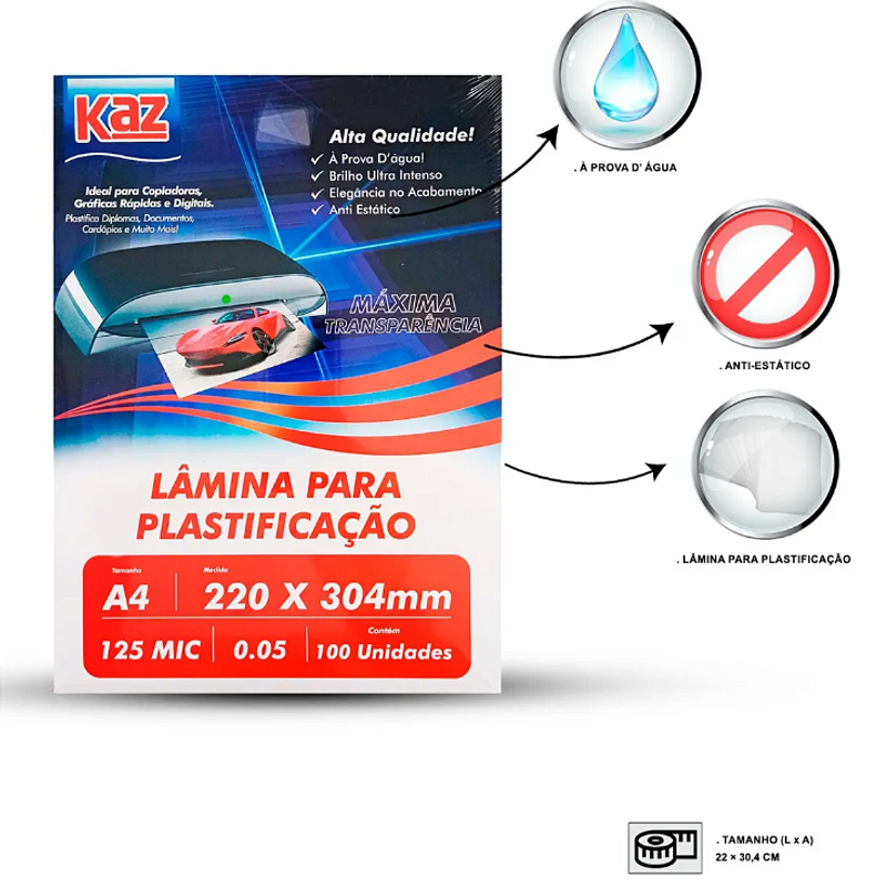 Lâmina Para Plastificar 0.05 Folhas A4 Tamanho 220x304 Kaz ...