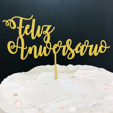 Topo de bolo dourado quadrado para feliz aniversário, decoração de