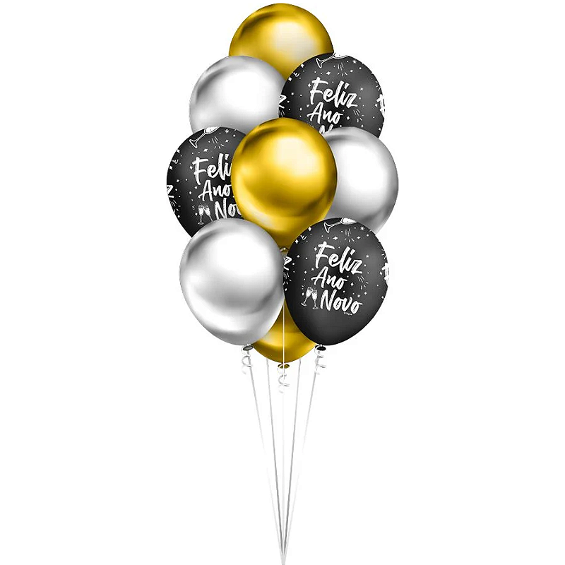 Balão de Látex Ano Novo - Balão Feliz Ano Novo Prata, Preto e Dourado - 10  unidades - Regina - Rizzo - Rizzo Embalagens